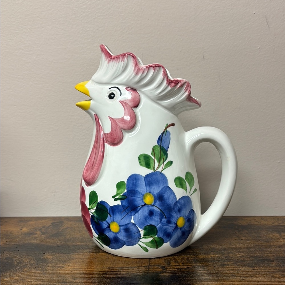 Floral Rooster Ceramic Pitcher Handmade in Italy